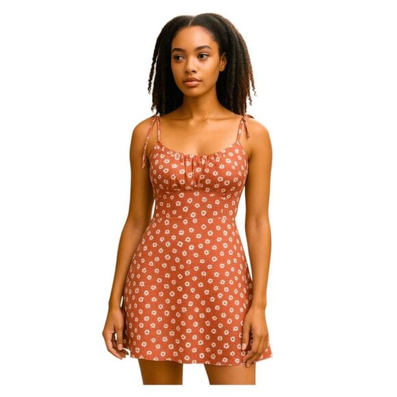 Shein Daisy Print Mini Dress Muted Red Floral Square Neck Tie Straps Ruffle M - Picture 1 of 7